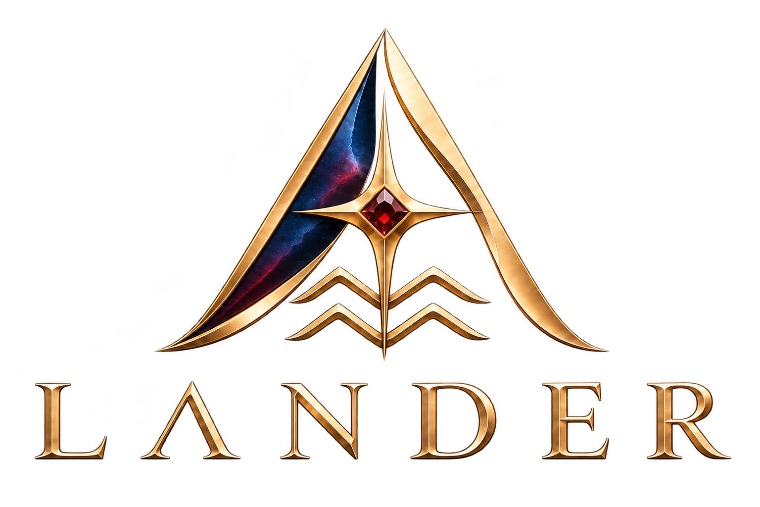 Lander celestial logo with a purple amethyst, gold navigation star, and Aquarius waves